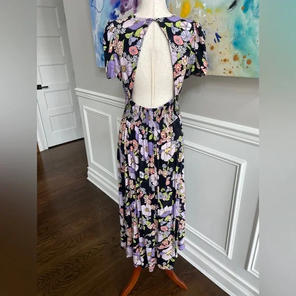 AFRM Floral Midi Dress Slit Puff Sleeves Open Back NWT - Picture 3 of 7